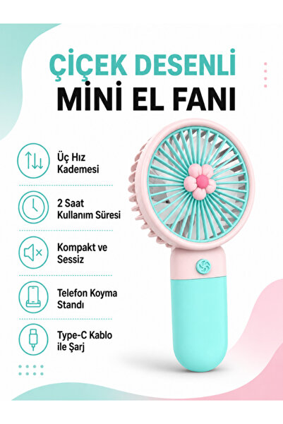 Golden Tech Çiçek Desenli Şarjlı Mini El Ve Masa Fanı Mini El Pervanesi
