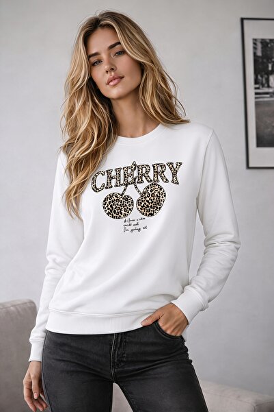caddekombin Women's Leopard Cherry Cherry Printed Round Neck Long Sleeve Swea...