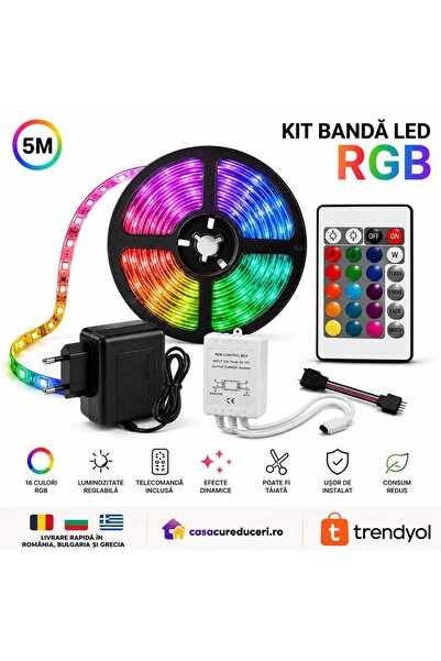 ANY SHOP MARKET Kit Bandă LED RGB 5M, Telecomandă, Alimentator și Controller ...