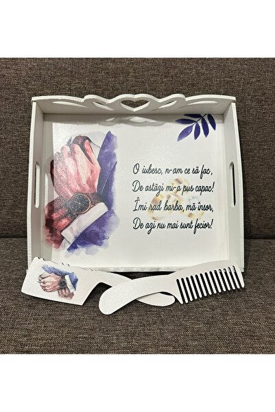OEM Set Tavă Gătitul Mirelui, din Lemn, Albă, Model Ceas Elegant MOV, Decor și Accesoriu Nuntă, 3 piese