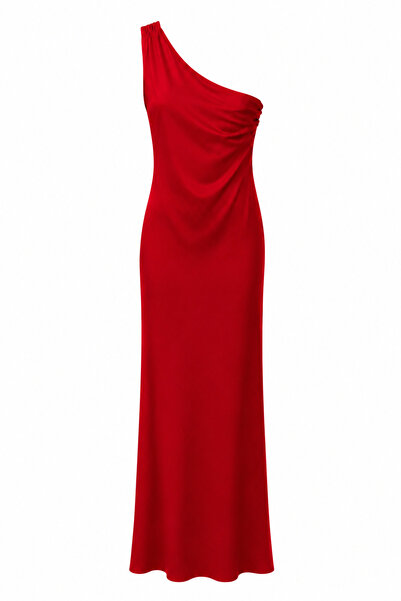 HAZELANNA One-Shoulder Back Detail Satin Red Dress