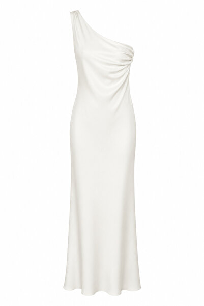 HAZELANNA One-Shoulder Back Detail Satin Ecru Dress