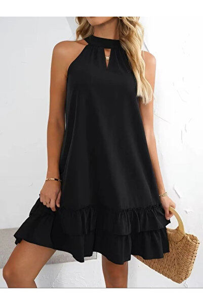 stelol Women's Off-The-Shoulder Halter Neck Ruffled Short Sandy Dress