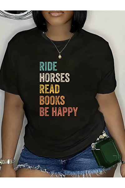 NOURAM تي شيرت نسائي كاجوال بأكمام قصيرة مع طباعة "RIDE HORSES READ BOOKS BE ...