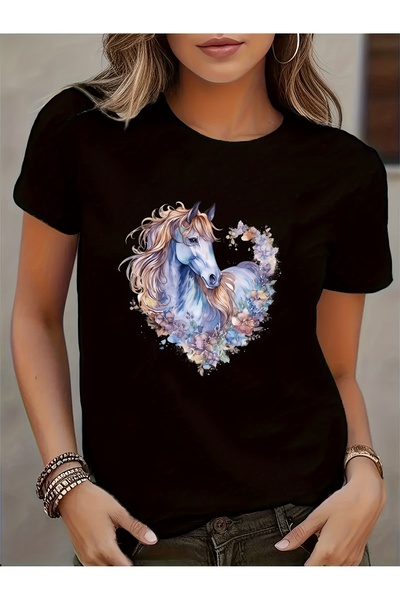 01THEONE Women'S Casual Short Sleeve T-Shirt Vintage Horse Print - Crew Neck,...
