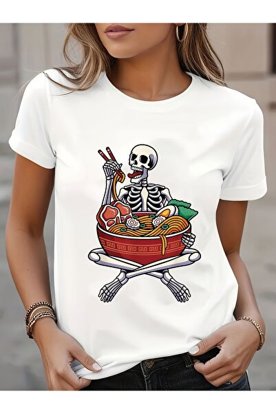 En22 Women's Ramen Noodle Print T-Shirt - Casual Short Sleeve Round Neck Blou...