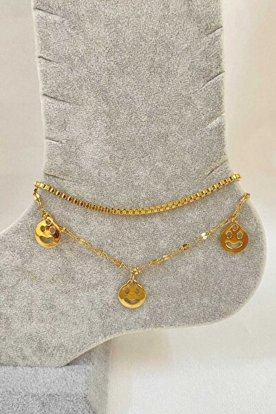 OGHAMAY Gold Color Smiley Face Model Elevator and Singapore Chain Steel Ankle...