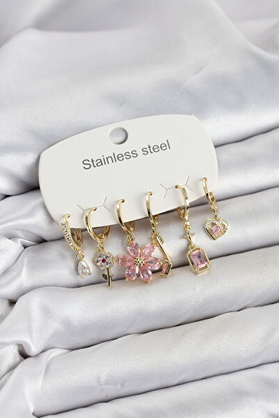 OGHAMAY 316L Steel Gold Color Pink Zircon Stone Lotus Detailed Women's Earrin...