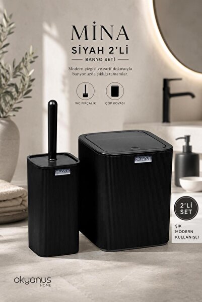 Okyanus Home Black Striped 2-Piece Bathroom Set - Trash Can and Toilet Brush ...