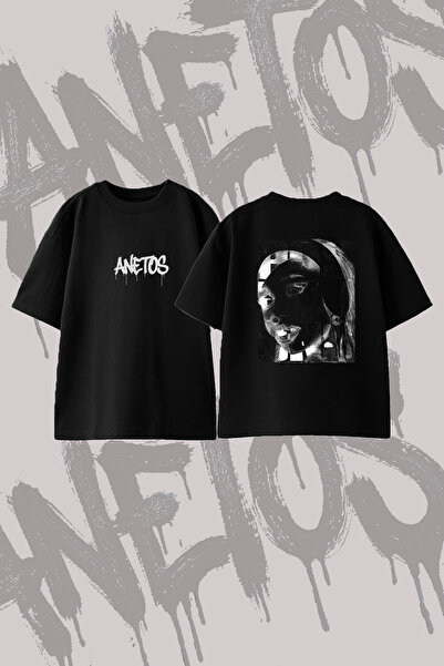Anetos Halftone Portre_1 Design Back Printed Cotton Black Oversize T-Shirt