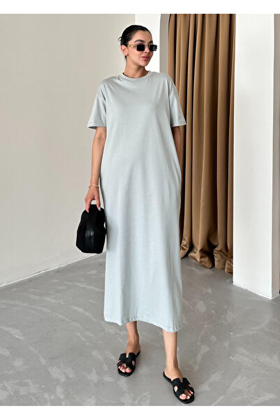My Blog Gray Pocketed Long T-Shirt Dress with Side Slit Detail - 2Y1433