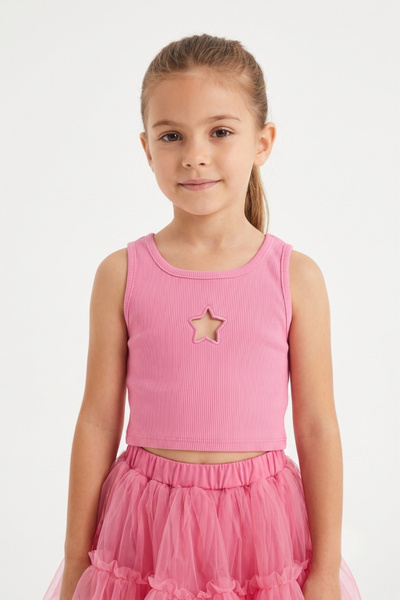 Le Mabelle Pink Star Embroidered Corded Strap Crop Blouse for Girls - Cindy