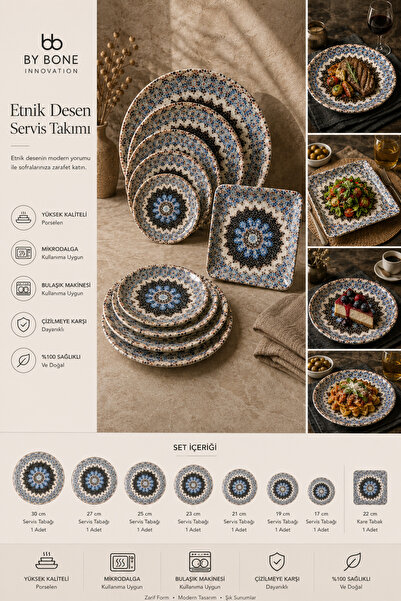 By Bone Porselen By Bone Etnik Desen Porselen Servis Takımı – Modern ve Zarif...