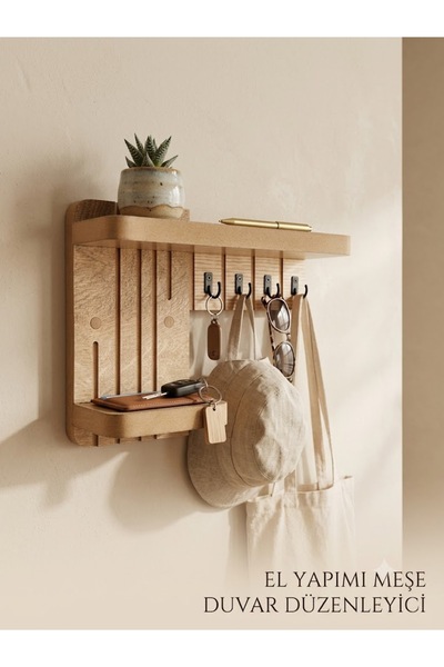 akçehome Ahşap Organizer 4 Kancalı Çok Amaçlı Askılık (25x21 cm), duvar rafı,...