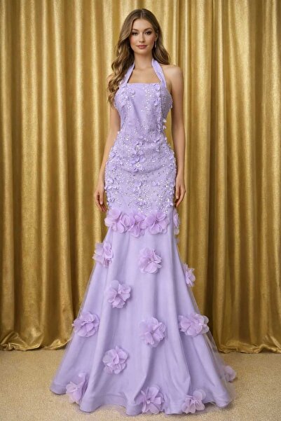 DAKEN 3D Floral Embroidered Mermaid Evening Dress - Lilac
