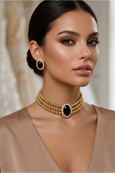 bb bridal boutique Gold Beaded Black Stone Choker Necklace Earring Set Gold P...
