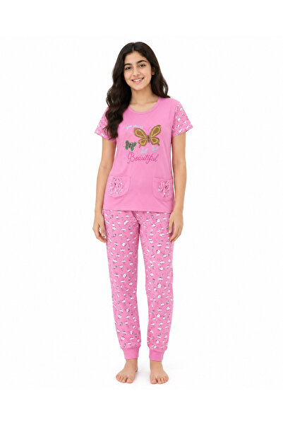 Generic Girls' Pajama Set with Butterfly Pattern and Long Pants, Pink Color |...