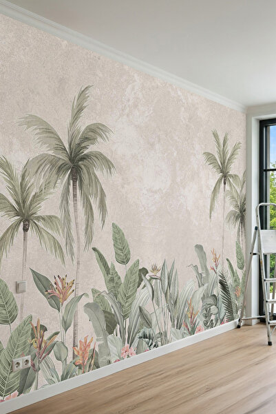 dreamwall Pastel Tropikal Palmiye ve Egzotik Desenli Tek Parça Tekstil Duvar ...
