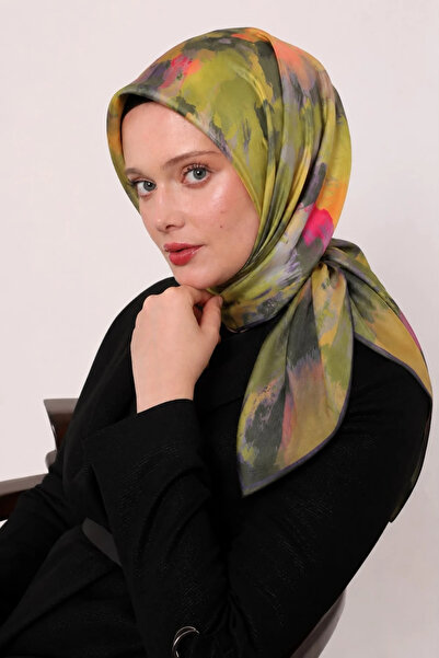 Lesscarves Cotton Silk Scarf Tie-Dye Patterned Ls2204 04-Green-Yellow-Khaki