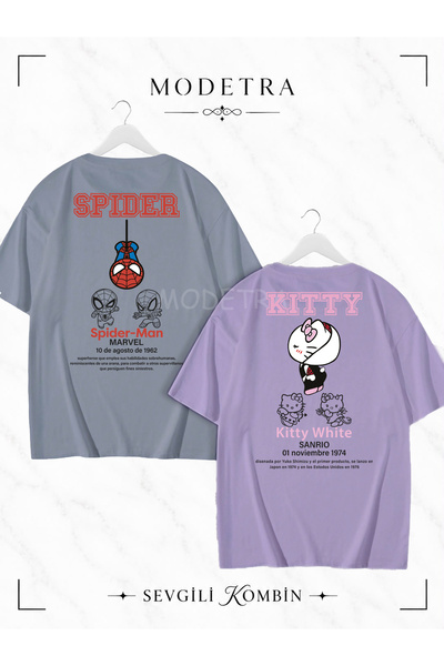 Modetra Women Men Unisex Spider Kitty Written Back Print Lover Couple Combina...