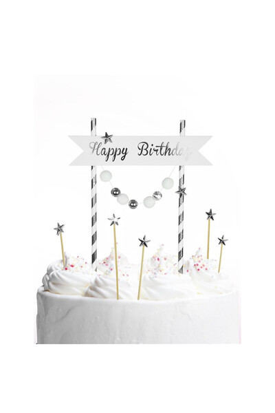 Arpex Topper tort / decoratiune tort Happy Birthday, cu pompoane argintii si ...