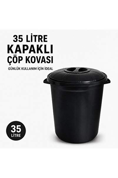 LİDERAMBALAJ07 35 Litre Kapaklı Çöp Kovası Siyah | Dayanıklı Plastik Çöp Kova...