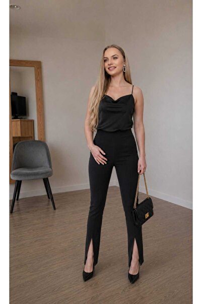 A.P Boutique Pantaloni negri cu talie inalta si șliț frontal