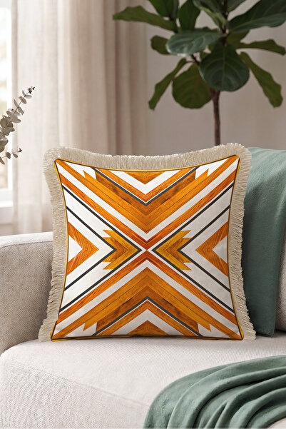 Evimde Bambaşka Ethnic Geometric Wood Pattern Fringed Pillowcase-Chevron Boho...