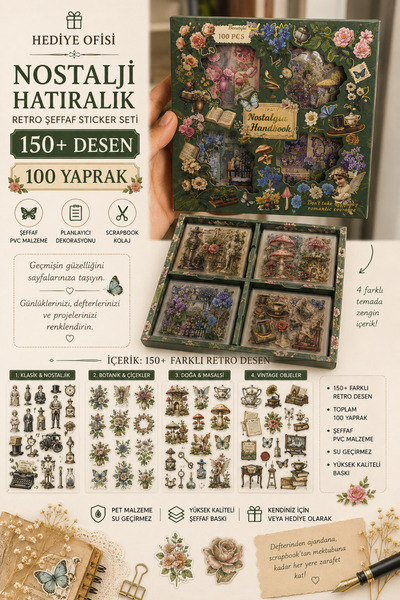 hediyeofisi Retro Şeffaf Sticker Seti 100 Yaprak 150+ Desen Vintage Scrapbook...