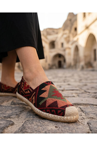 futsi shoes VIOLA Bordo Hakiki Deri Kilim Desenli Kadın Etnik Desen Espadril ...