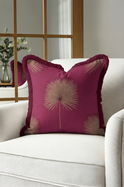 Evimde Bambaşka Tropical Leaf Motif Fringed Pillowcase - Exotic Gold Burgundy...
