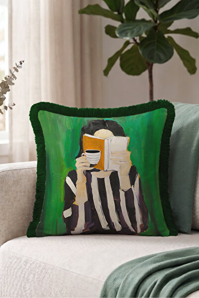 Evimde Bambaşka Female Figured Portrait Fringed Pillowcase - Artistic Coffee ...