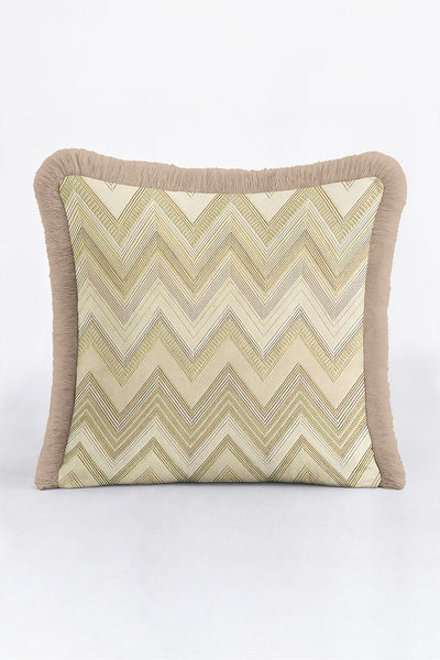 Evimde Bambaşka Zigzag Geometric Champagne Art Deco Fringed Pillowcase-Chevro...