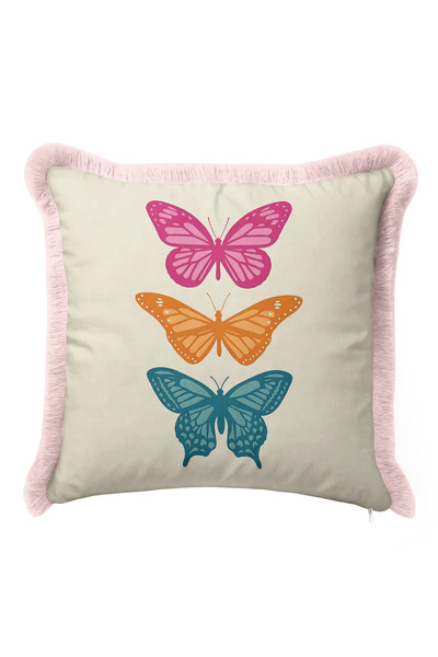 Evimde Bambaşka Butterfly Themed Colorful Elegant Patterned Fringed Pillowcas...