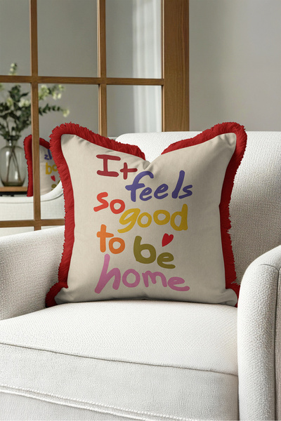 Evimde Bambaşka Positive Slogan Colorful Text Fringed Pillowcase - Cheerful P...