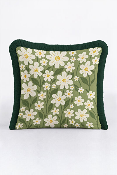 Evimde Bambaşka Floral Pattern Spring Daisy Fringe Pillowcase - Botanical Boh...