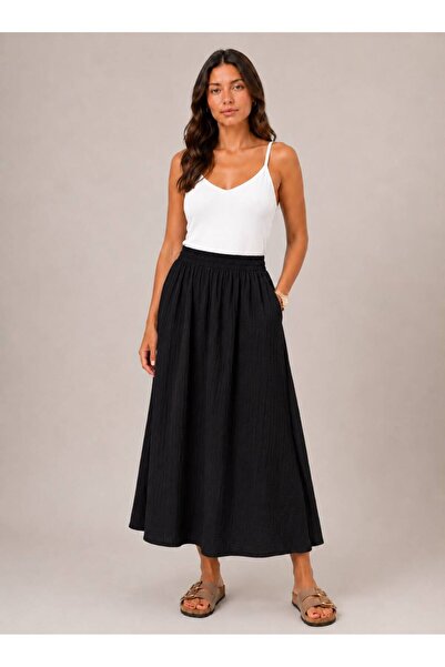 Rouge basıc Self-Striped Waist Elasticized Long Skirt with Pockets