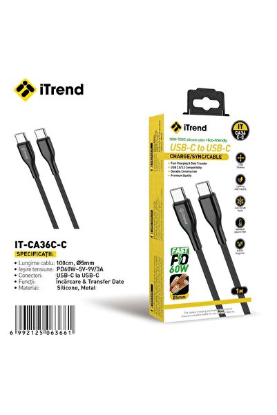 itrend Cablu USB-C la USB-C iTrend, 1 m, Încărcare Rapidă PD 60W, Silicon, Negru