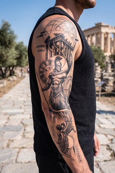 BP Tattoo Spartalı Savaşçı ve Antik Tapınak Temalı Büyük Boy Kol Dövmesi