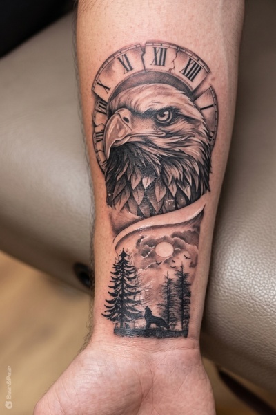BP Tattoo Kartal, Kurt ve Kırık Saat Temalı Geçici Dövme