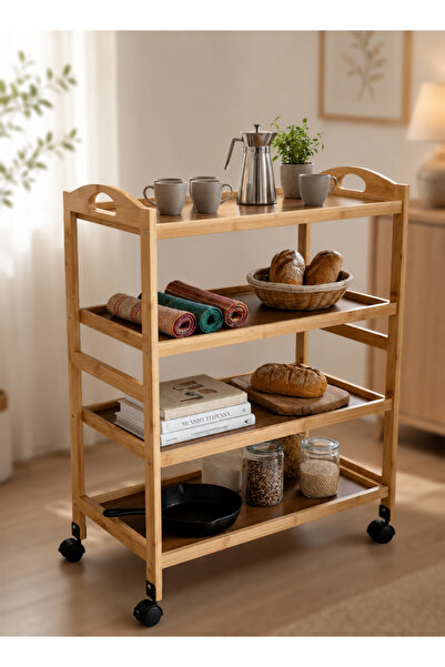 Cady One 4-Tier Wood Serving Cart with Rolling Wheels, Mobile Kitchen Storage...