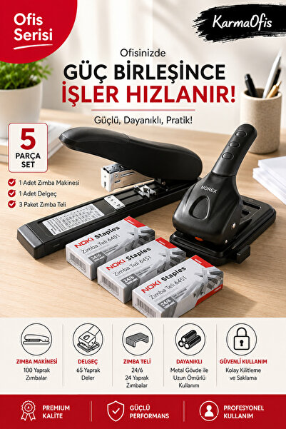 KarmaOfis 5 Piece Heavy Duty Office Set |   100 Sheets Stapler Machine + 65 S...