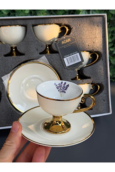 ACAR Porselen Miranda Gold Lavanta Desenli 6 Kişilik Kahve Fincanı Takımı