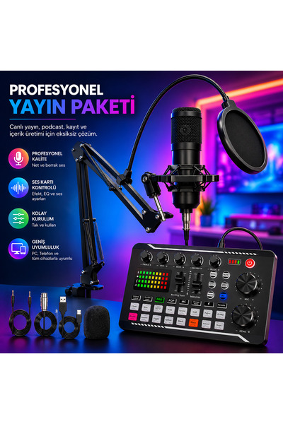 SHIPMENT Profesyonel Ses Kartlı Mikrofon Seti Yayıncı Podcast Gaming Seti Pod...
