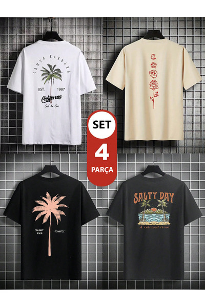 LUMSHİNE Oversize Minimalist Printed 4-Piece Crew Neck T-Shirt
