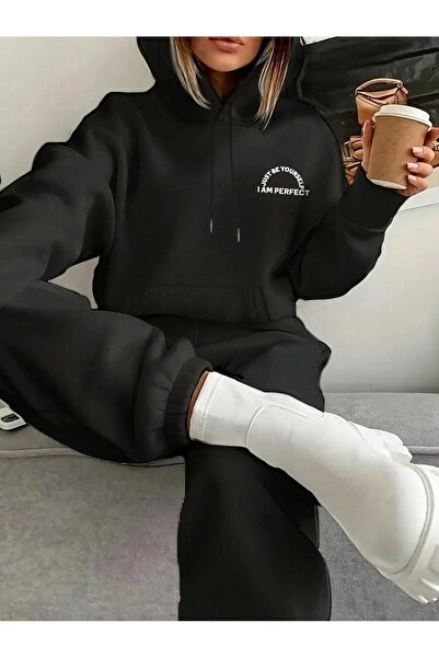 LUMSHİNE Im Perfect Sweat Suit - Μαύρο εμπριμέ κοστούμι Jogger φούτερ με κουκ...
