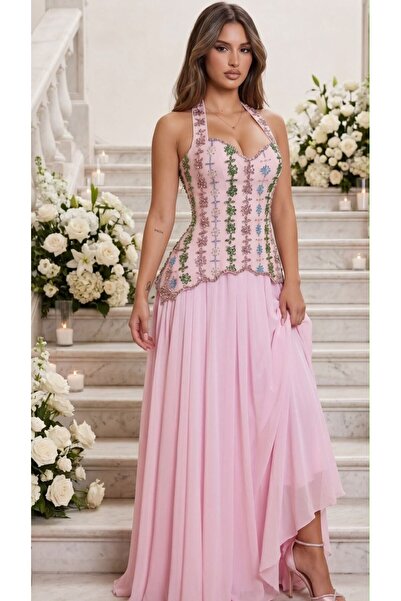 SAHRA-TALA Pink Evening Gown Embroidered with Colorful Details