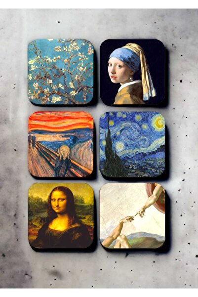 SHELİFE Famous Painter Works Wooden Coaster Set 6 Pieces