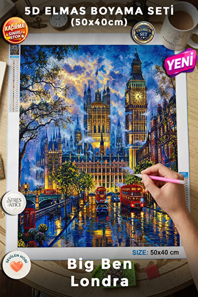 Haneliya Big Ben Londra Gece Manzarası - 5D Elmas Boyama Mozaik Tablo Hobi Seti