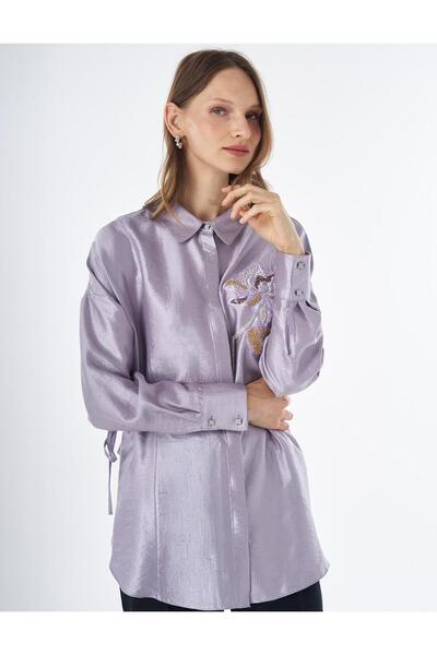 Kayra Satin Blouse with Embroidery Detail Lilac